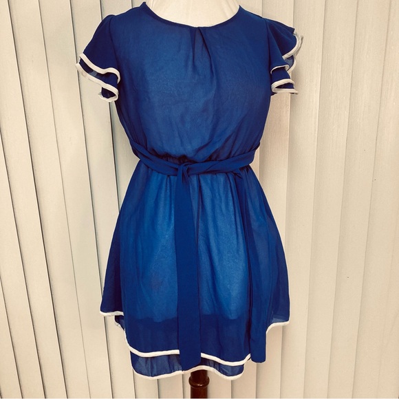 Elegant Blue Dress with White Trim-S - Picture 1 of 4